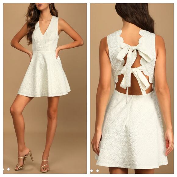 Lulus Beyond Dreamy Ivory Scalloped Tie-Back Skater Dress, Small - Picture 2 of 7